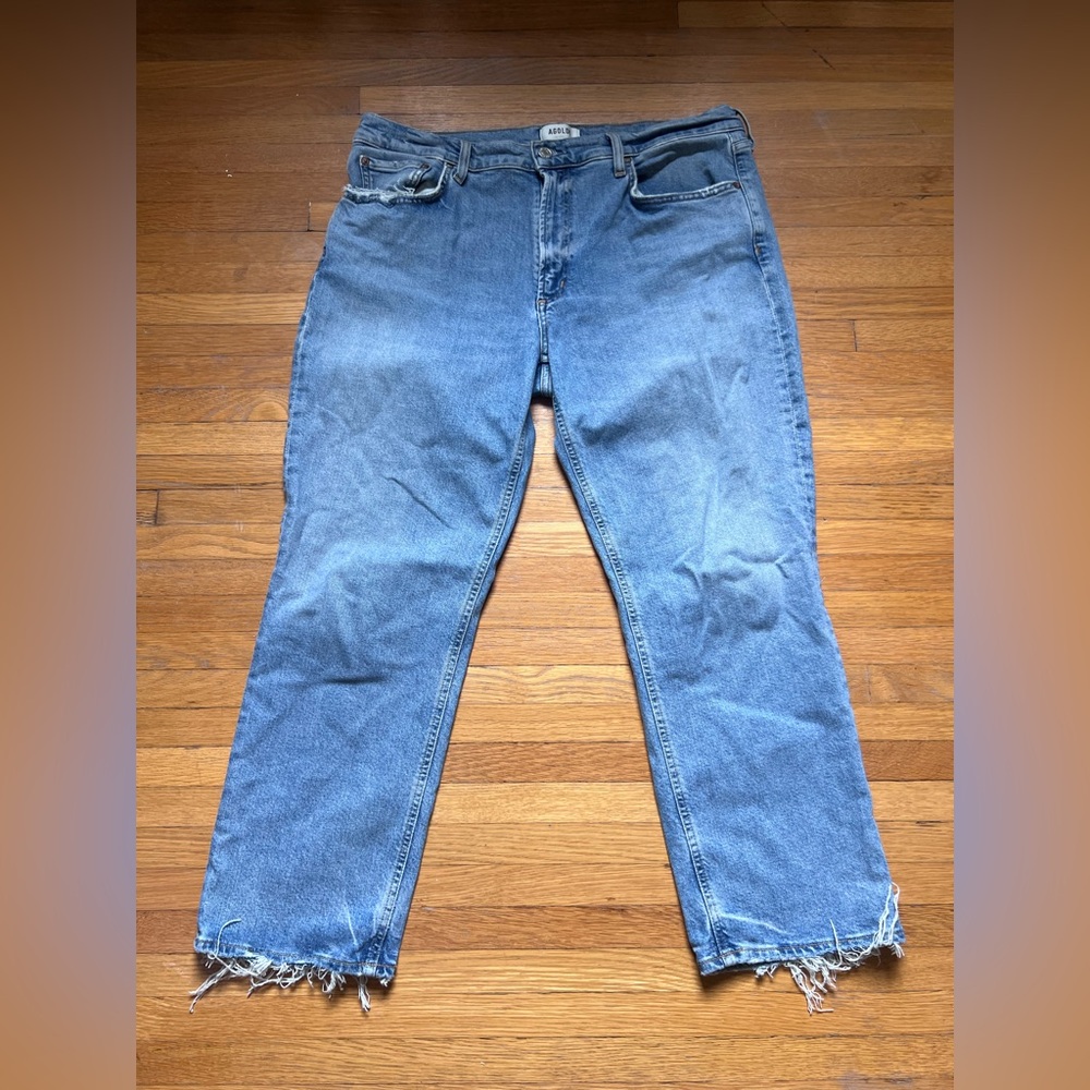 Agolde Straight Leg Frayed Hem Jeans - Blue